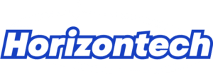 Logo of horizontech featuring blue text on a green background with a white swoosh and a star above the text.