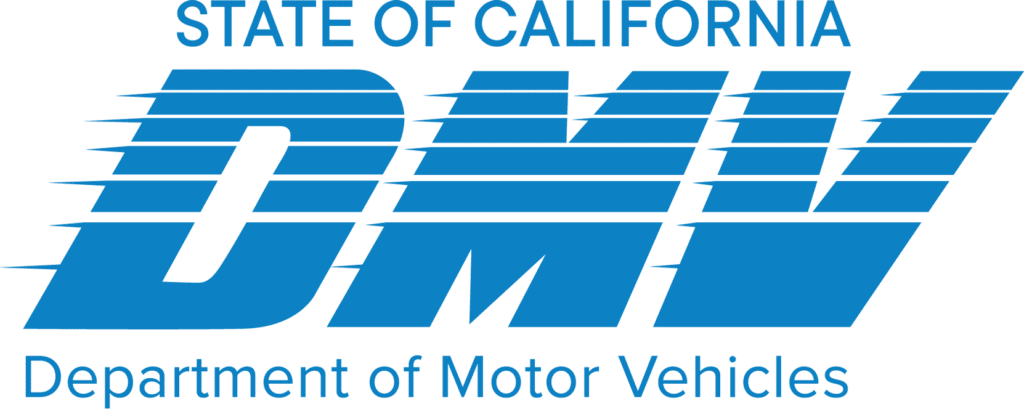 Logo of the california department of motor vehicles (dmv), featuring the text "state of california dmv" in blue with a stylized graphic design.