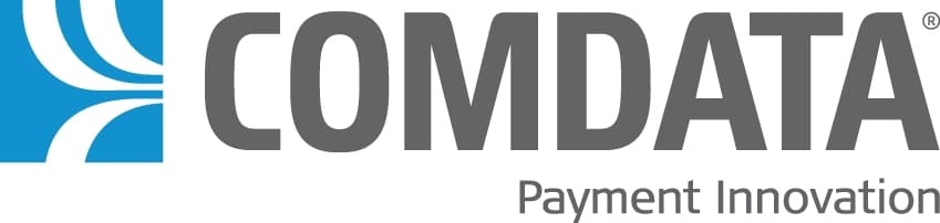 Logo of comdata featuring the text "comdata" in gray, with a blue abstract wave design on the left and the tagline "payment innovation" below.