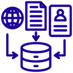 Blue line icons depicting a globe, a document, an id card, and a database, all connected by arrows, symbolizing data management and information flow.