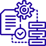 Icon depicting a checklist attached to a gear, with a check mark and document stacks, symbolizing process automation or workflow organization.