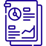 Icon representing a business report, featuring a circular chart and bullet points on a clipboard.